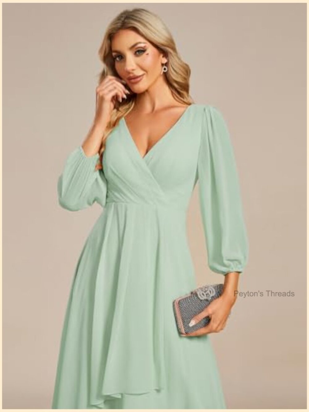 Chiffon V Neck Long Sleeve A-Line Midi Wedding Guest Dress Cocktail Party Formal - Picture 5 of 7